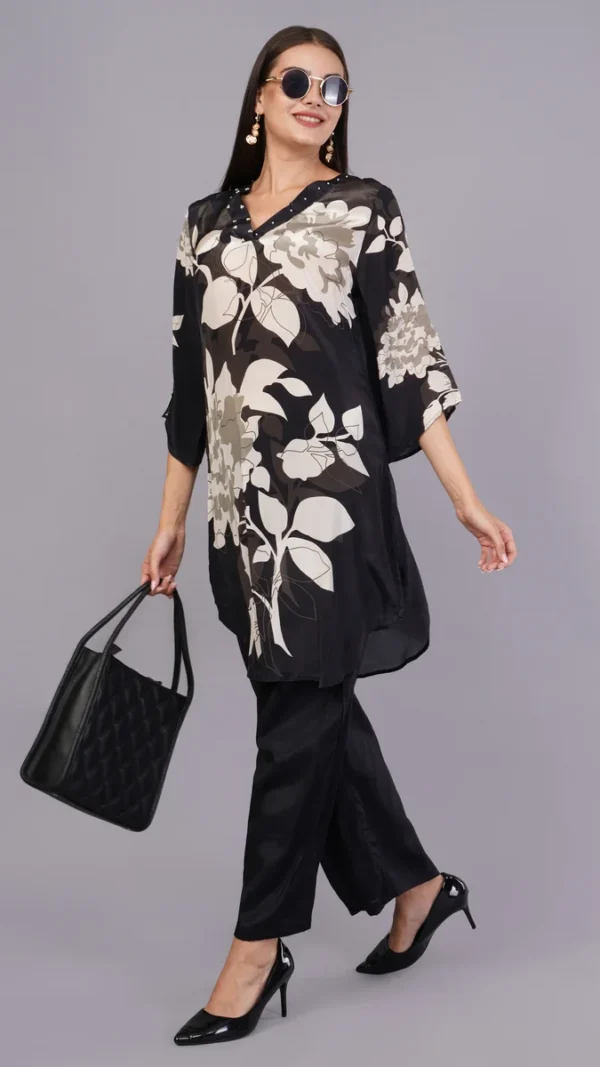 Vaidahi's Blooming Crepe Escape - V-Neck Kurta & Floral Palazzo Set