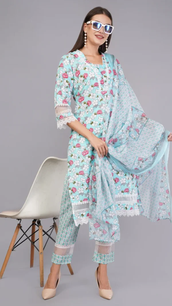 Vaidahi Cotton Floral Print Suit with Lace Accents