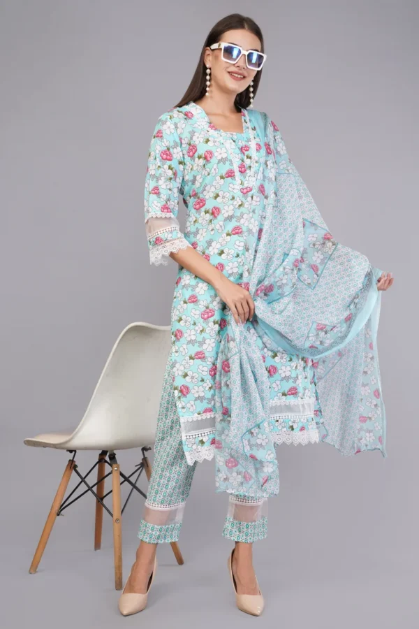 Vaidahi Cotton Floral Print Suit with Lace Accents