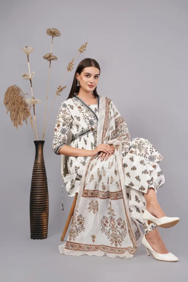 Vaidahi's Blooming Bliss: Cotton Frock Suit with Afghani Palazzo & Printed Dupatta