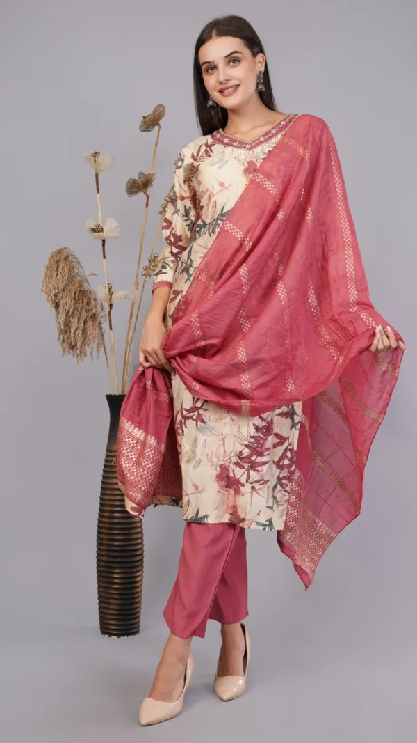 Vaidahi's Pearlized Perfection: V-Neck Suit with Embellished Dupatta