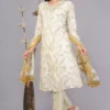 Vaidahi's Floral Fantasia: V-Neck Suit with Mirrorwork & Printed Dupatta