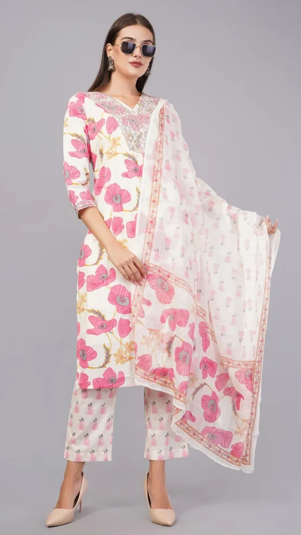 Vaidahi's Floral Finesse: V-Neck Cotton Suit with Threadwork & Printed Dupatta