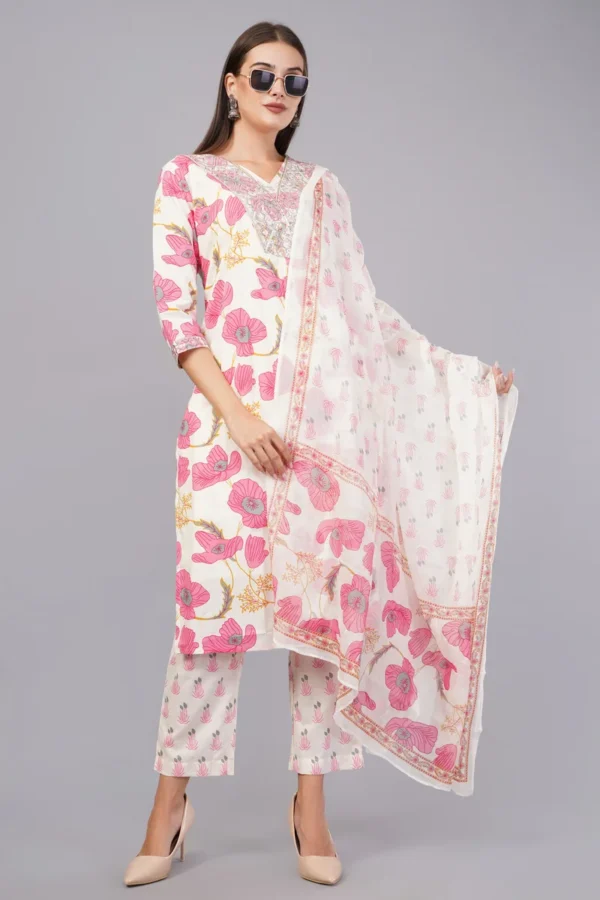 Vaidahi's Floral Finesse: V-Neck Cotton Suit with Threadwork & Printed Dupatta